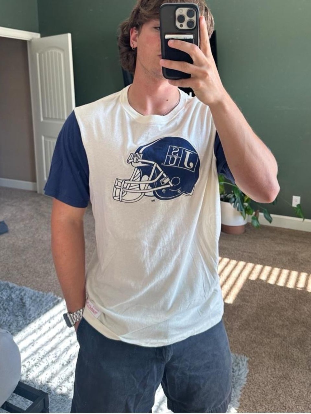 Mitchell & Ness White and Navy Short Sleeve Football Tee